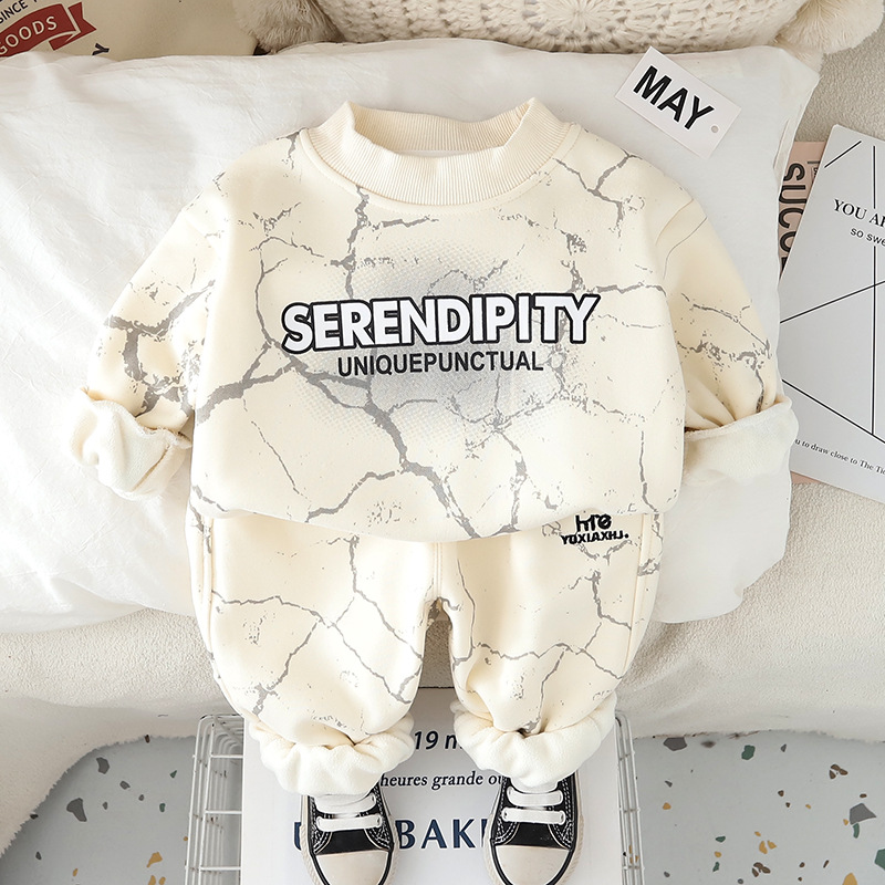 Free Shipping 2025 New Boys Fleece-Lined Sweatshirt Set, Letter Print Hoodie & Joggers 2-Piece, Warm Winter Outfit for Toddler Boys