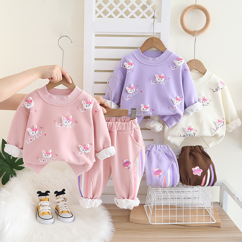 Free Shipping 2025 New Girls Fleece-Lined Sweatshirt Set 2-Piece, Korean Style Winter Outfit, Warm Hoodie & Joggers for Baby Girls