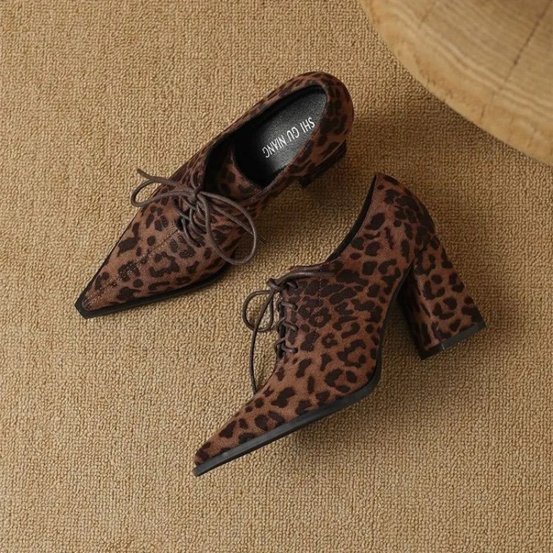 Krazing Pot Sheep Suede Comfort Spring Shoes Chunky Heels Oxford Shoes Pointed Toe Lace Up Women Deep Mouth British School Pumps 251017