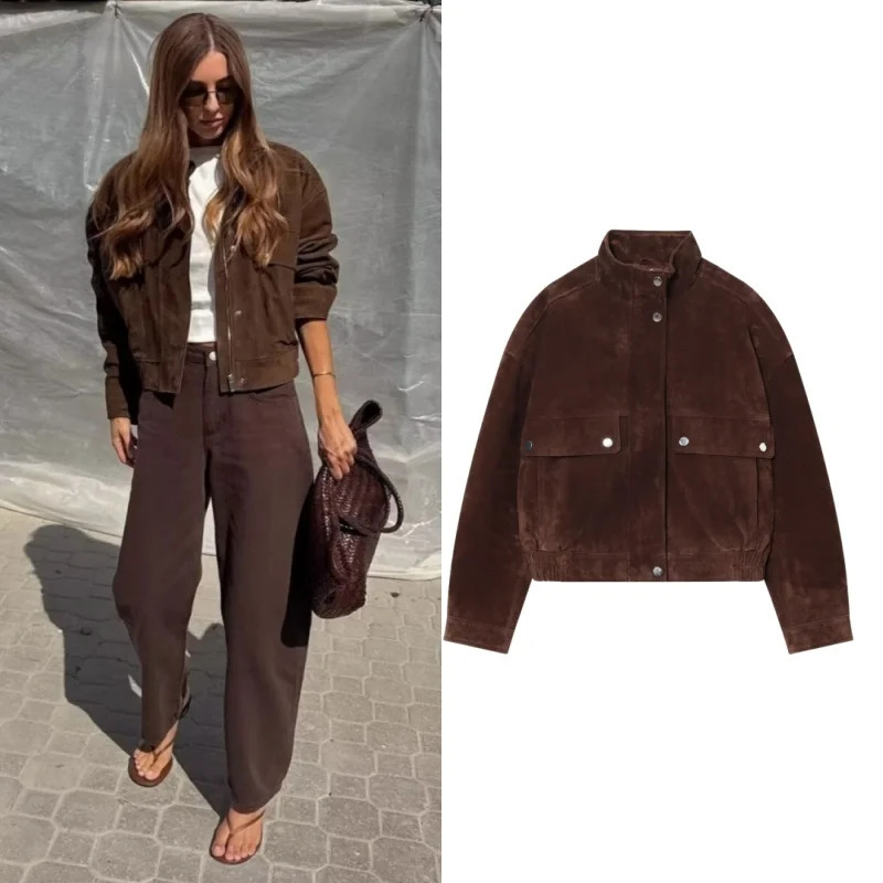 Tidalyf Women Faux Suede Jacket Stand Collar Long Sleeve Decorative Pocket Elastic Hem Casual Chic Autumn Coat 251021