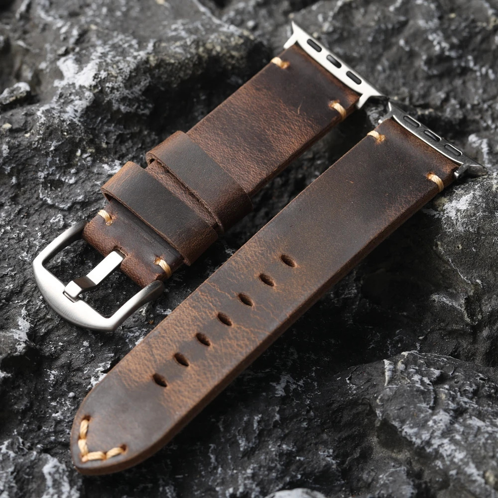Handmade Top Layer Cowhide Strap Retro Style For iWatch Watch Ultra 2 49MM 45MM 44MM 42MM Men Thickened Watch Chain Brown 251016