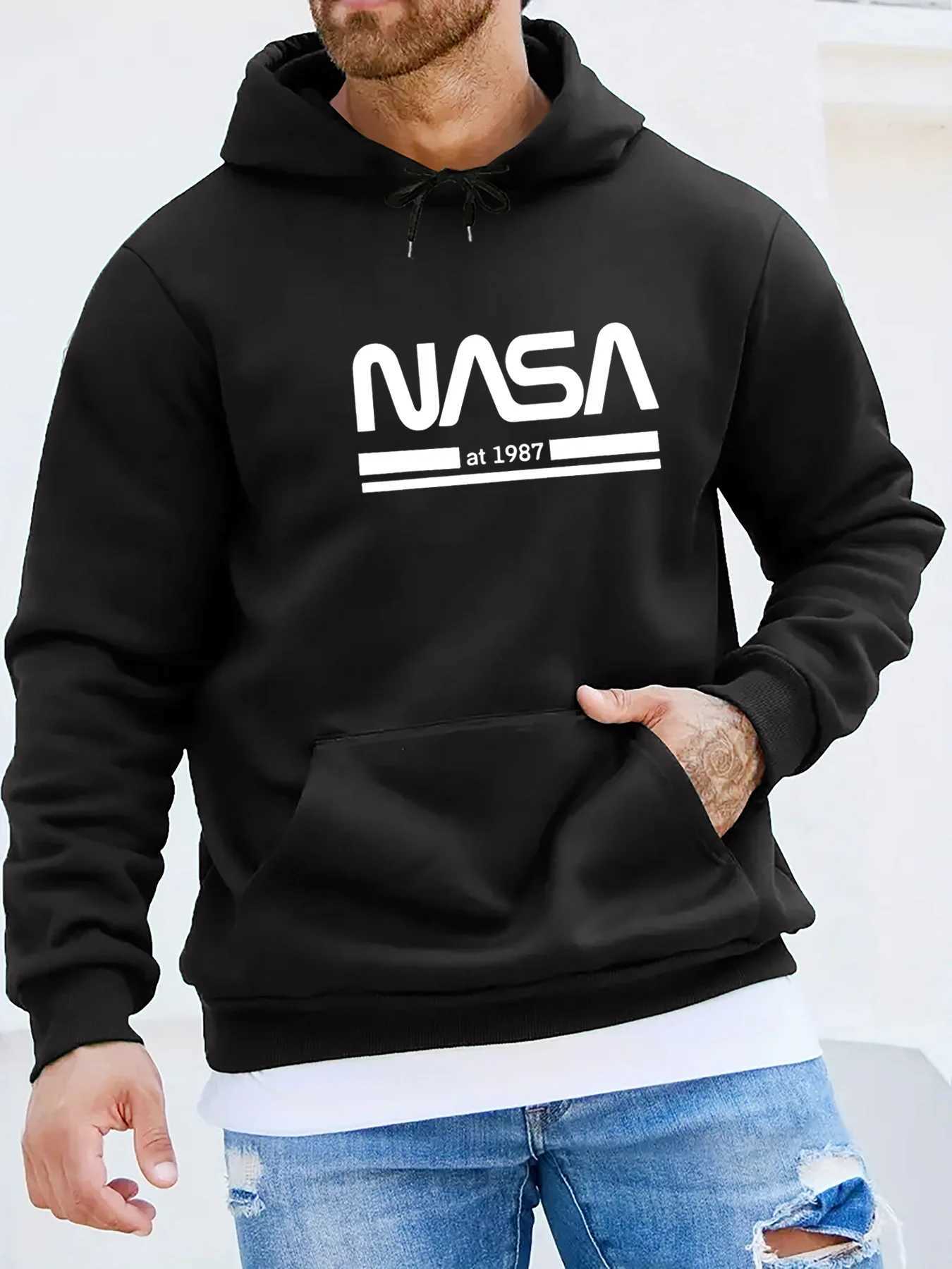 Mens autumn and winter casual fashionable loose hoodie NASA letter printed long sleeved warm pullover sweater W251021