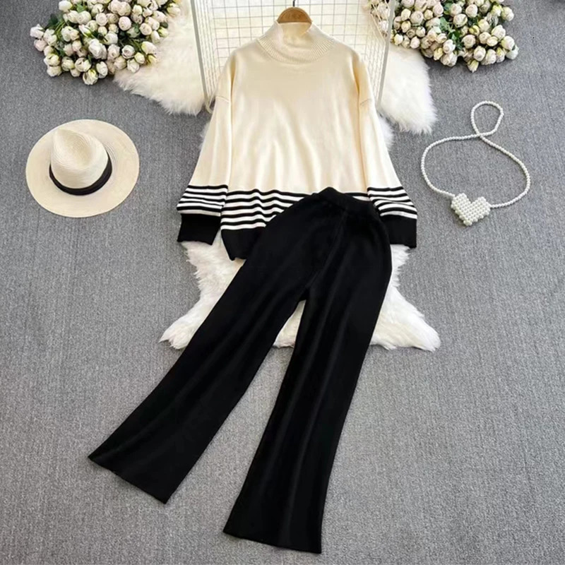 Casual Knitted Loose Long Sleeved Contrasting Top High Waist Slimming Wide Leg Pants Women Suit Autumn Winter In Sets 251021