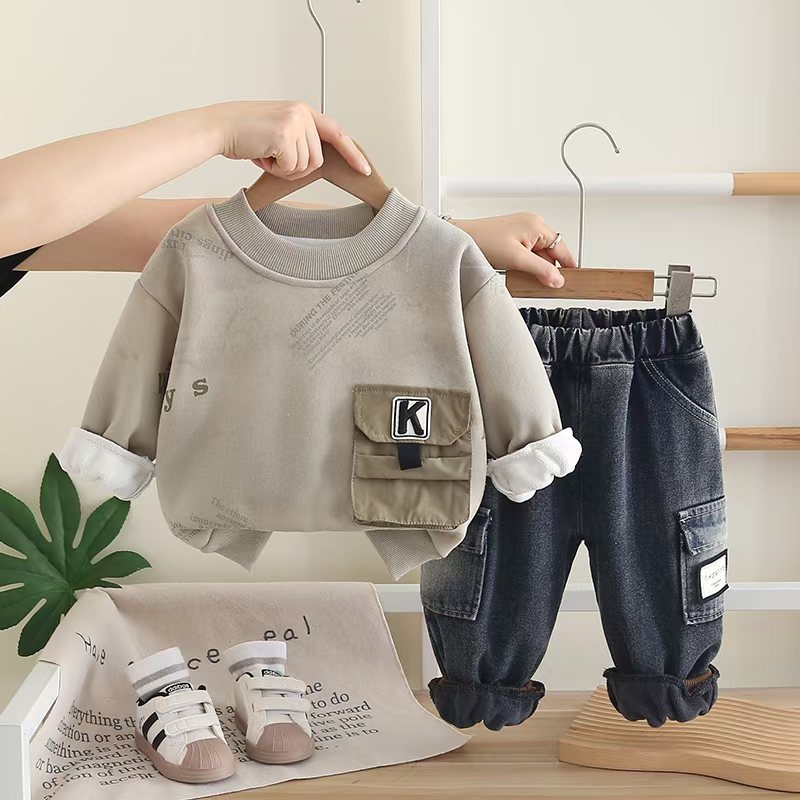 Free Shipping 2025 New Boys Fleece-Lined Outfit 2-Piece Set, Kids Crewneck Warm Tracksuit, Winter Clothing for Toddler Boys
