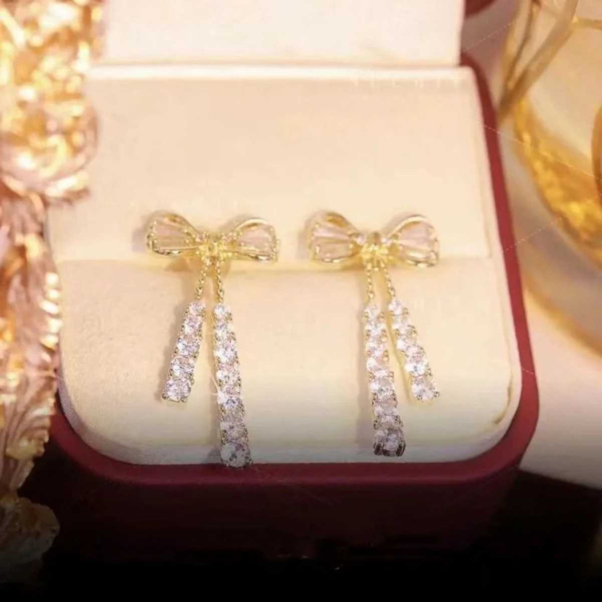 Y2K Pink Bowknot Shiny Zircon Drop Earrings For Women Elegant Crystal Imitation Pearl Tassel Bow Dangle Earrings Party Jewelry J251021