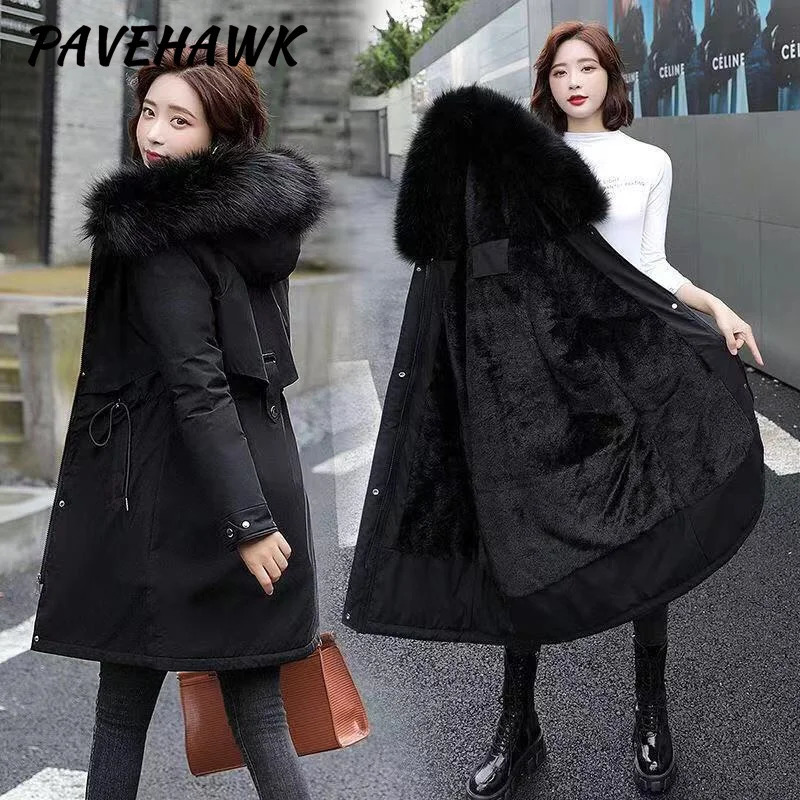 Women Winter Parka Warm Hooded Long Sleeve Zipper Thick Jackets Fur Collar Fleece Drawstring Coat Casual Streetwear Outwear 251021