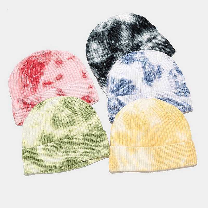 New Tie Dyed Knitted Hat Womens Street Trend Wool Skin Hat Mens Autumn Warm Bean Hat H251020