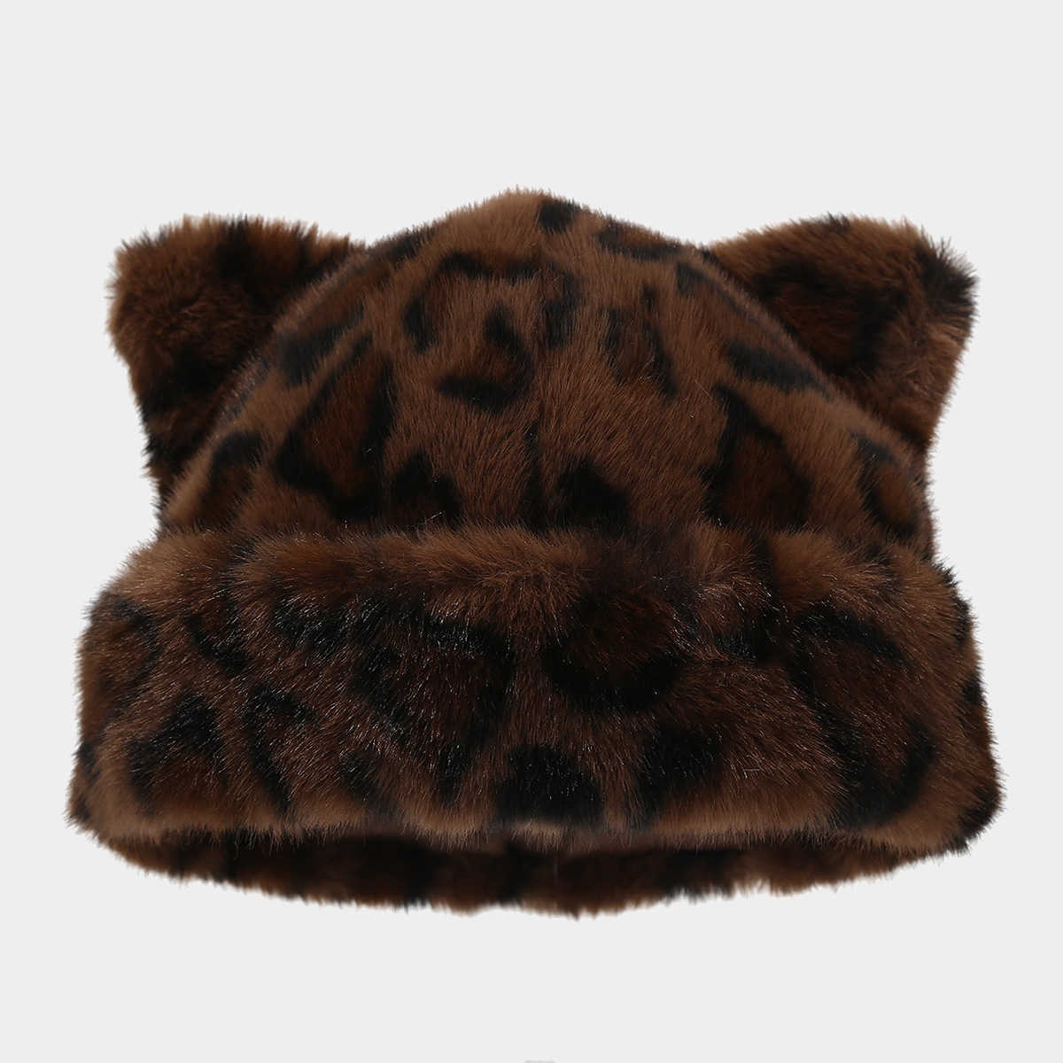 Fox Ear Leopard Print Plush Hat for Women Autumn and Winter Versatile Headwrap Hat Thickened Coldproof Warm Pullover Hat H251020