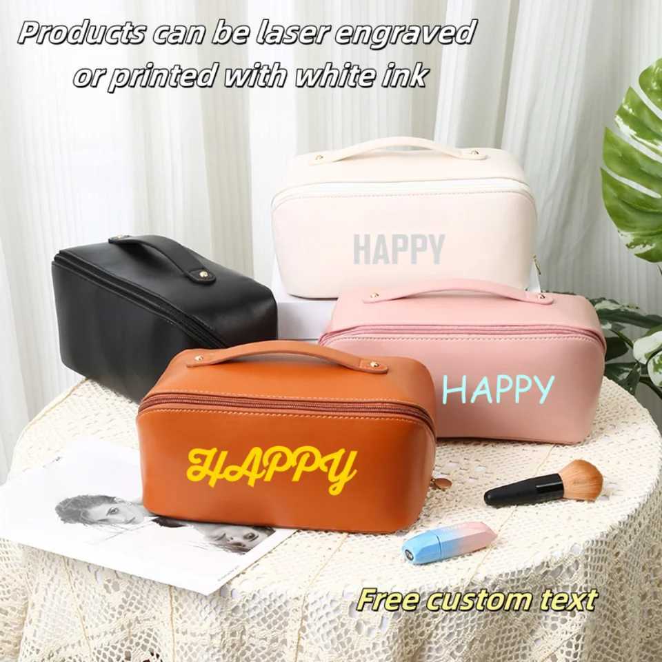 Customized Personalized Leather Square Cosmetic Bag Beauty Skin Care Large Capacity High Quality Portable Handheld Cosmetic CaseW251021