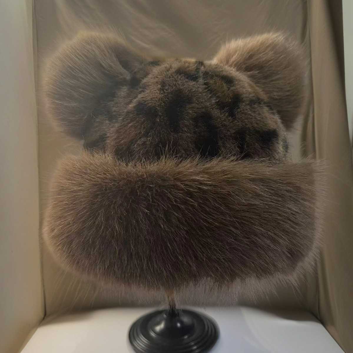 New Leopard Print Bear Hat for Women Cute and Versatile Coldproof Ear Protection Hat Fashionable and Warm Faux Fur Hat for Autumn and Winter H251020