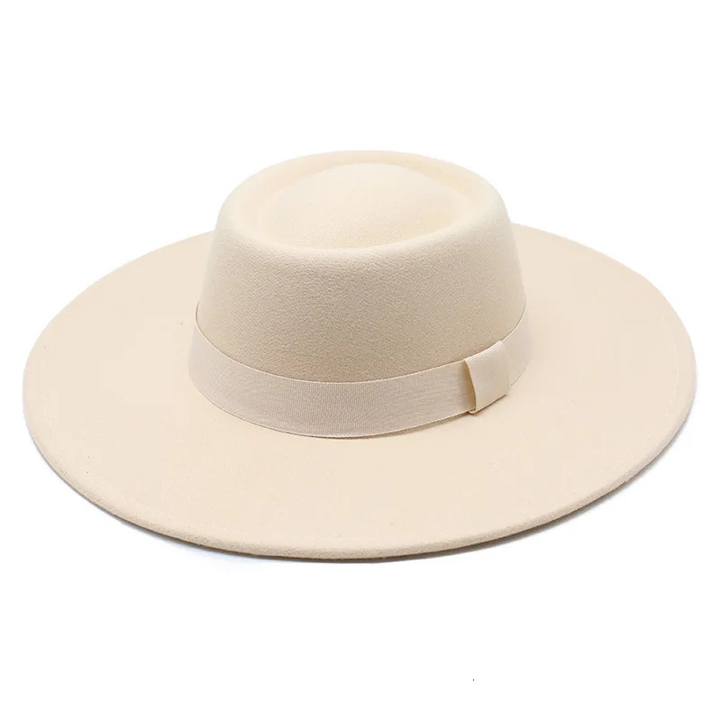 95cm Brim Round Top Hat Solid Color Flat Top Boater Style Fedora Hats for Women Men Party Wedding Church Felt Cap 251016