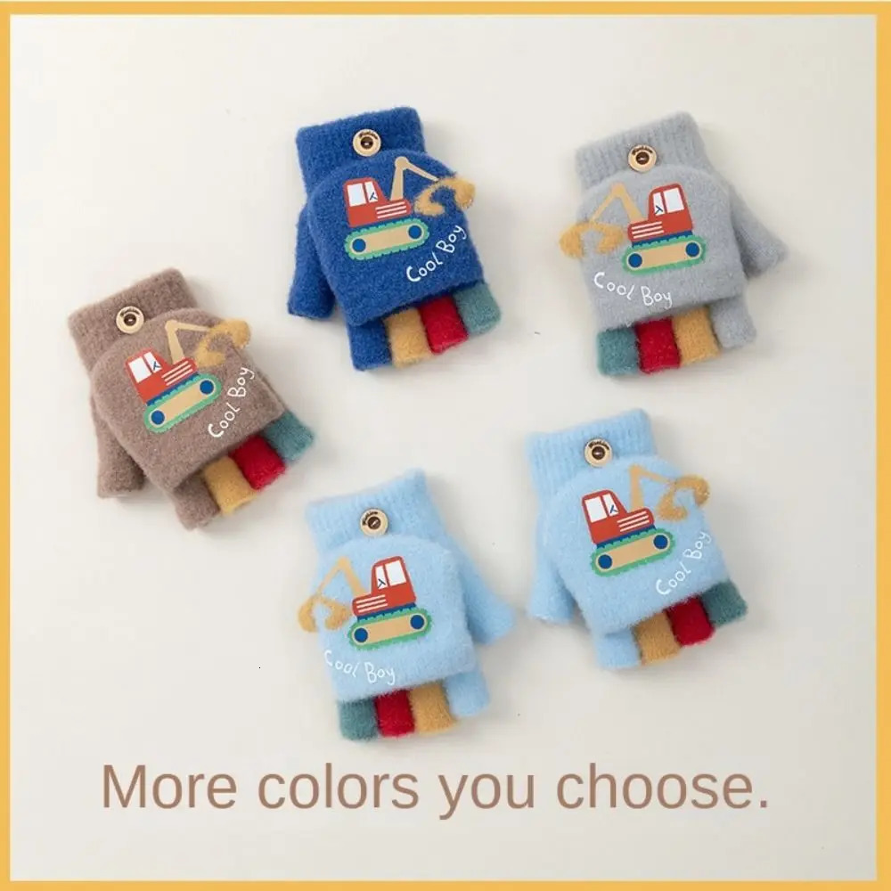 Fashion Autumn Winter Warm Gloves Cute Cartoon Exposed Finger Knitted Gloves Plush Thickened Children Mittens for Children 251021