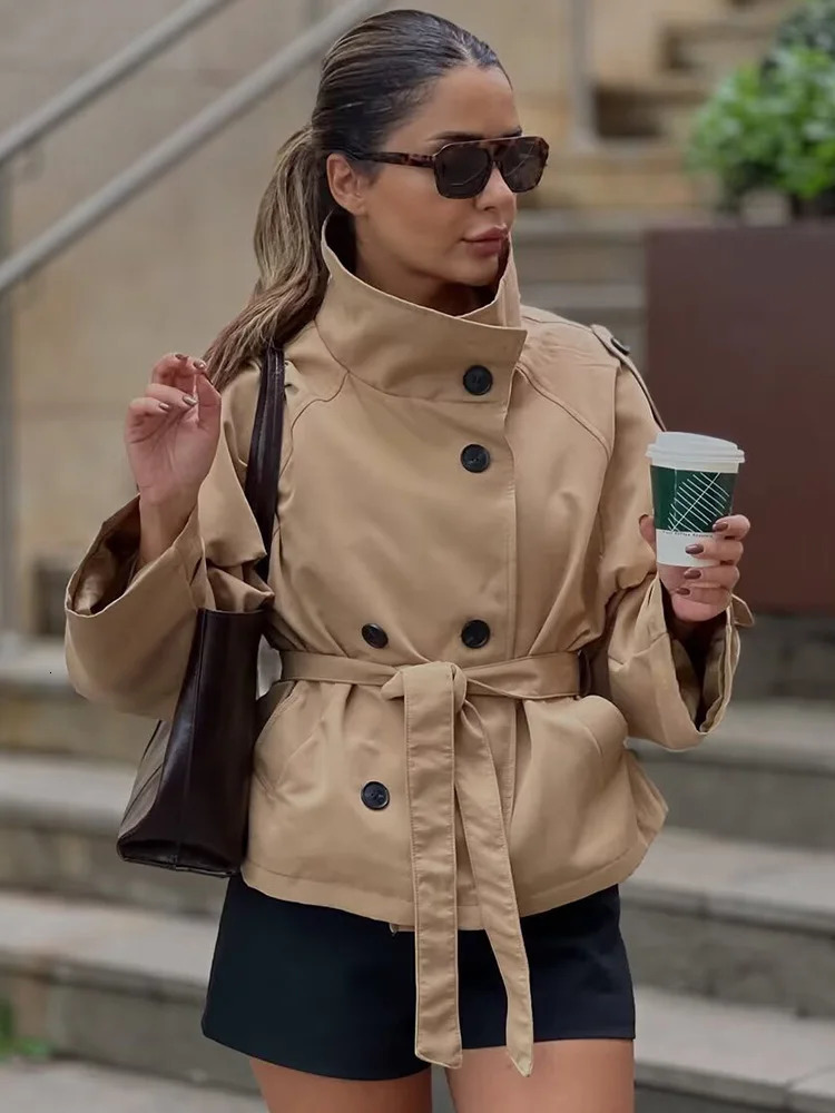 HH Female Fashion Doublebreasted Laceup Trench Pockets Coat Long Sleeve Jacket Women Autumn Casual Street Short 251017