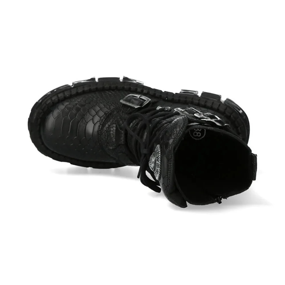 Mens Fashion Snake Pattern Genuine Leather Motorcycle Boots Goth Punk Midcalf Western Boots Metallic Platform Rock Boots251020