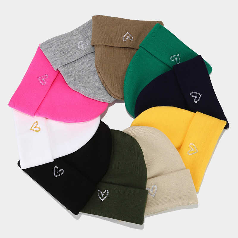 Large Thickened Heart Embroidery Acrylic Knitted Hat Autumn Winter Fashion Versatile Cold Hat Unisex Beanie Trendy H251020