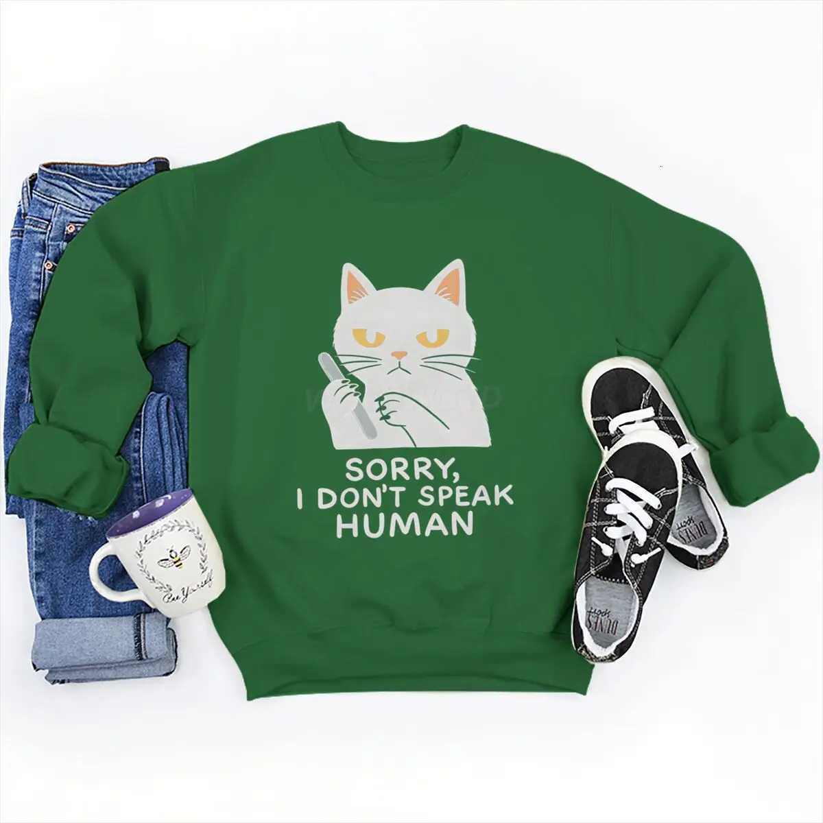 I Dont Speak Human Graphic Sweatshirts Men Street Style Black Cat Mens Clothes Funny Gift for Cat Lover Longsleeved Sweater W251021