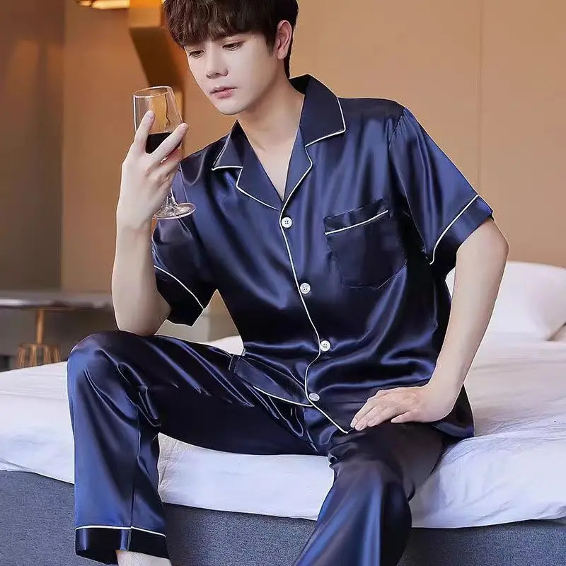 Ice Silk Pajamas Mens Summer ShortSleeved Trousers Thin HighEnd Simulated Silk PlusSize Loose Loungewear TwoPiece Set 251021