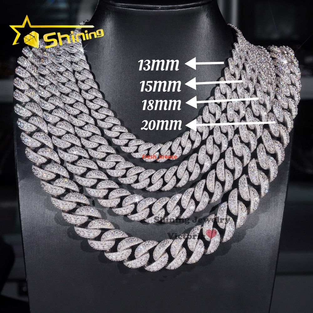Panyu New Arrivals Hip Hop Rapper Necklace 925 Silver 13MM 15MM 18MM 20MM VVS Moissanite Diamond Bezel Setting Cuban Link Chain