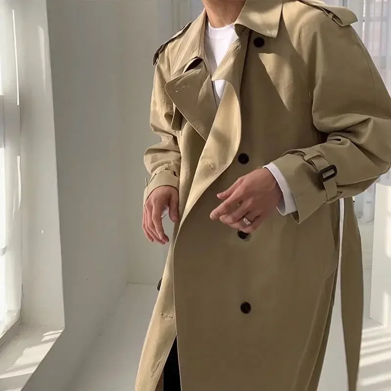 Korean Version of Solid Color Casual Double Breasted Lapel Trench Coat Mens Spring and Autumn Loose Long Trench Coat 251028