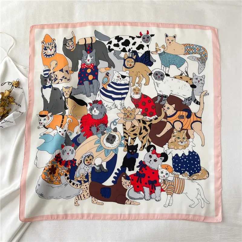 Luxury Brand Cartoon Cat Square Imitation Silk Scarf Spring and Summer Head Wrap For Women Multifunction Neckerchief W251021