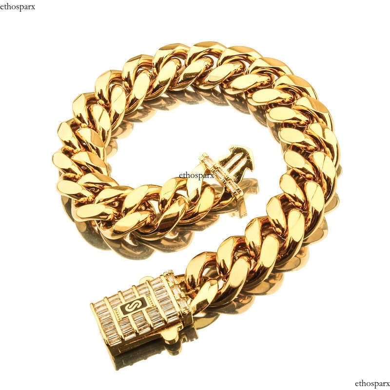 6mm-14mm Hip Hop Stainless Steel Miami Cuban Link Chain Real Gold Plated T Zircon Clasp Mens Necklace Jewelry