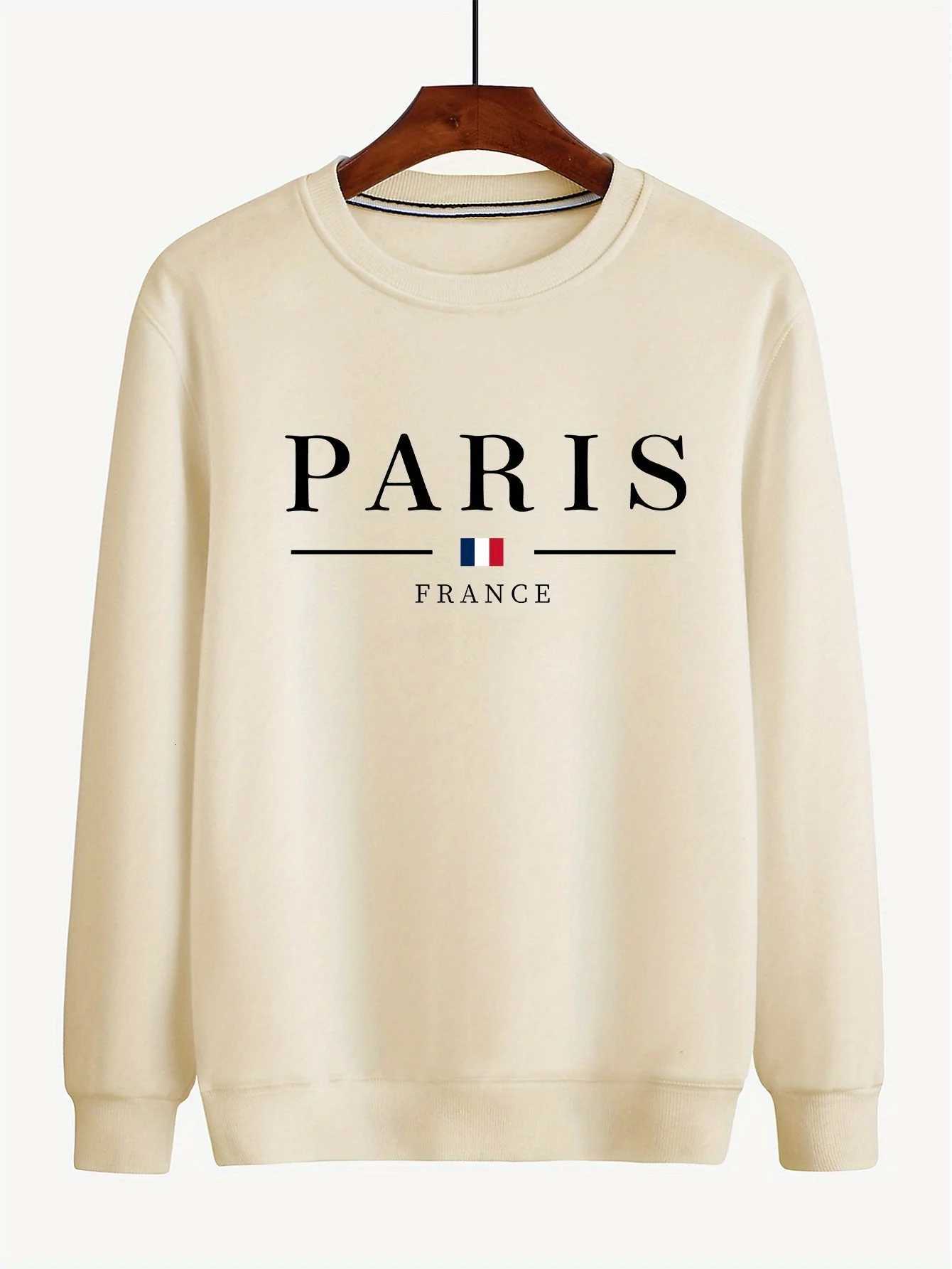 Mens autumn and winter fashionable casual loose Paris letter print fleece pullover long sleeved round neck sweatshirt W251021