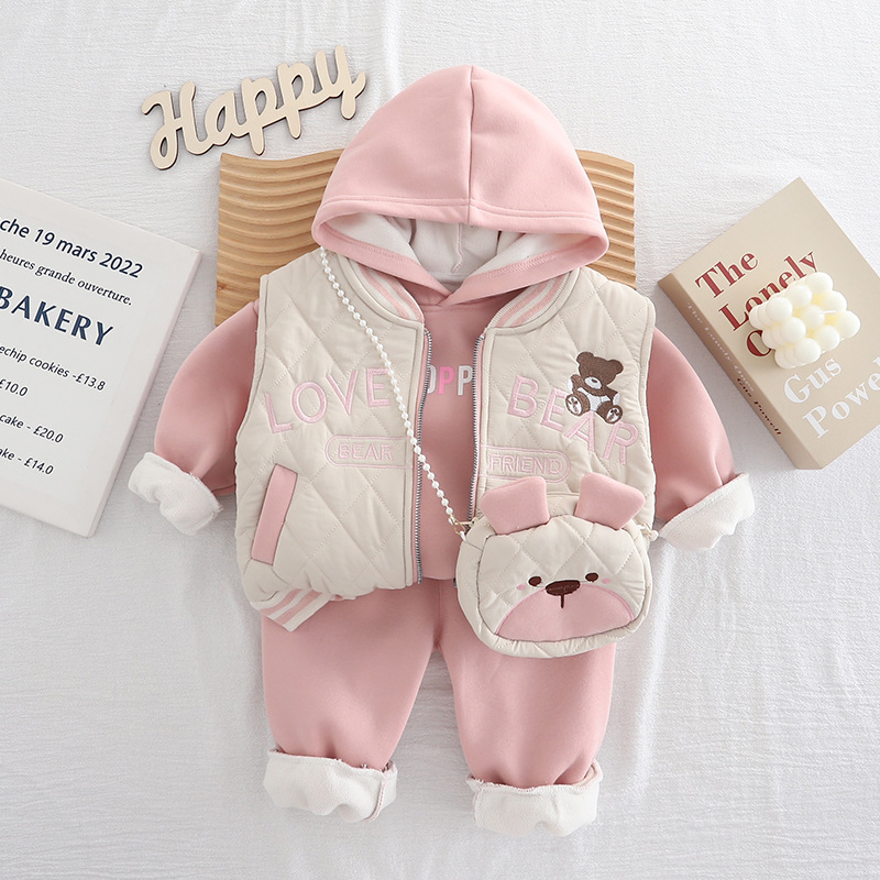Chic Girls 3-Piece Outfit 2025, Winter Set Includes Quilted Coat Vest and Crossbody Bag, Stylish Clothing for Toddlers