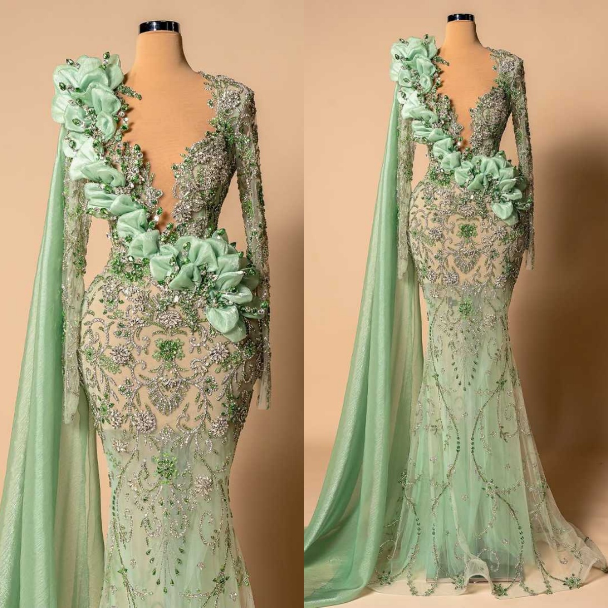 Fashion Mermaid Evening Dress Long Sleeve Prom Gowns V-Neck Beads Satin Sexy Prom Dress vestidos de novia Size Customized Robes De Mariee L252683