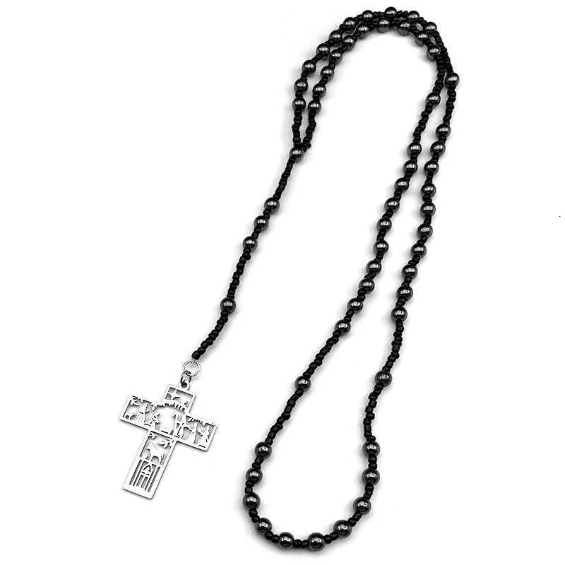 Jesus Cross Baptism Christianity Pendant Necklace For Men Stainless Steel Black Rosary Beaded Silver Color Long Chain Jewelry XJ250717