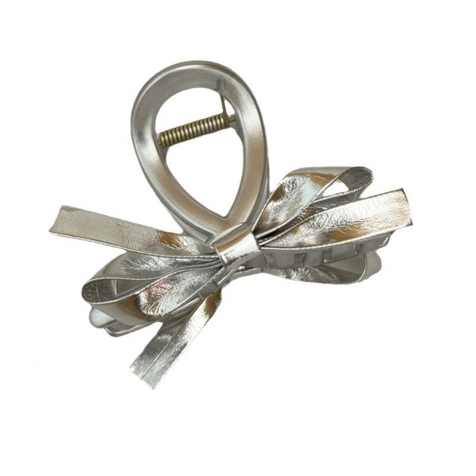 1PC Advanced Sense Headdress Temperament Silver Leather Bow Grab Clip Female Back of Head Shark Clip Hundred HairpinW254021