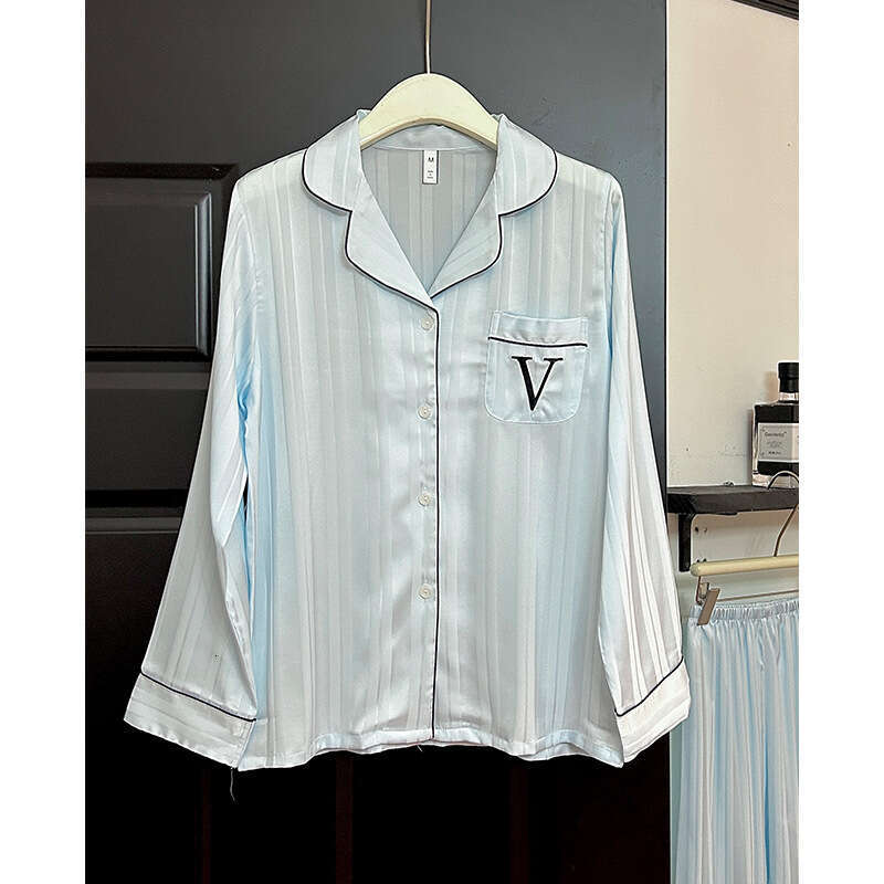 Water Blue Striped V Korean Style Sweet Women's Pajamas Autumn Winter Long Sleeve Ice Silk Comfortable Homewear Set