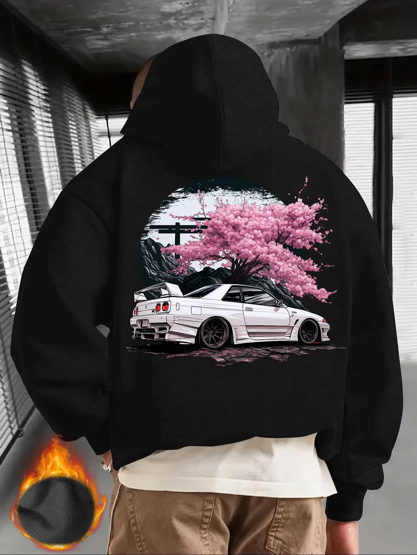 Mens Black Hoodie with White JDM Car and Pink Cherry Blossom Back Print Japanese Street Style Pullover W251021