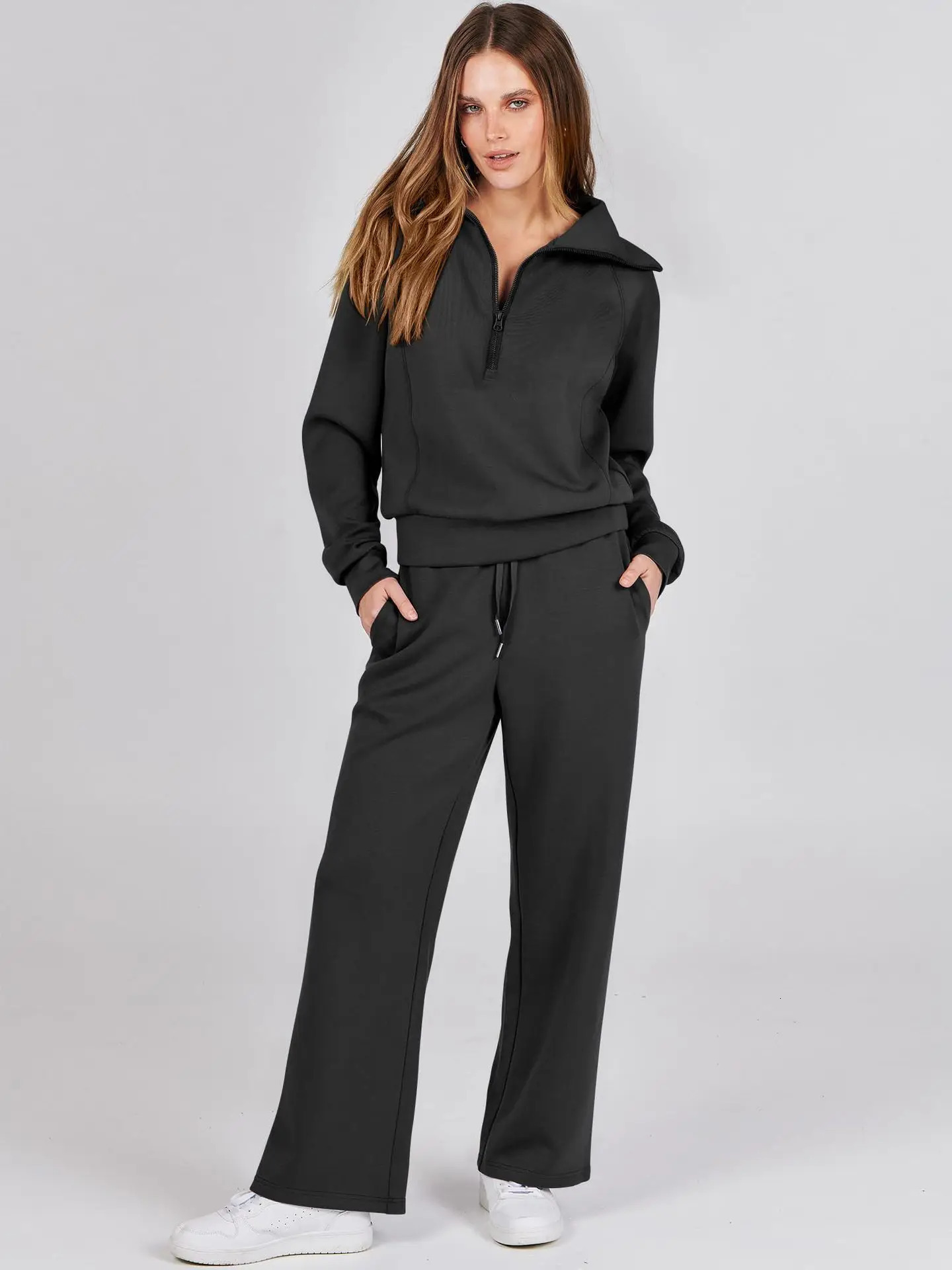 AutumnWinter Casual 2Piece Set Long Sleeve Sweatshirt Bell Bottoms Sports Suit Zippered Tracksuit Style 251021