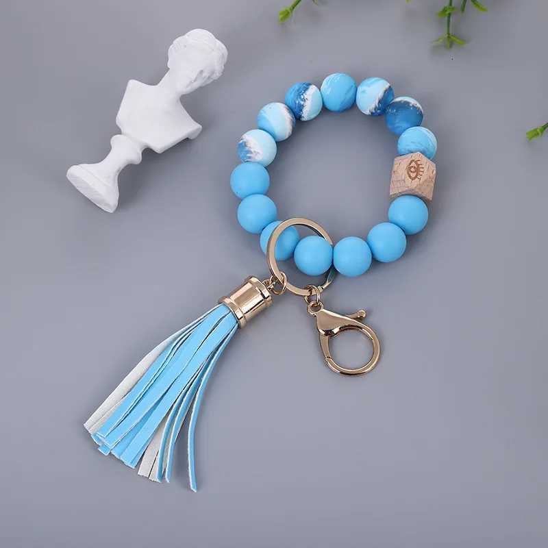 Colored Silicone Bead Bracelet PU Tassel Keychain Wristlet Bracelet Pendant Keychain Woman Man Jewelry Accessories Gifts W251021