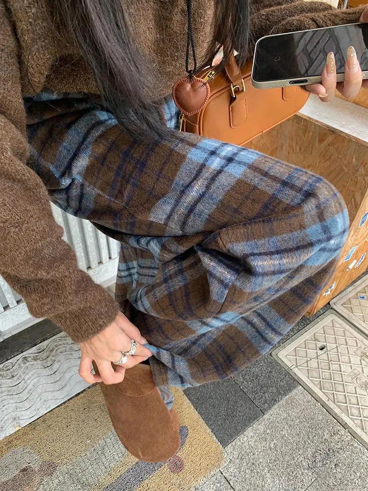 Retro Blue Plaid Drawstring Laceup Wide Leg Pant Autumn Winter High Waist Loose Pleated Straight Trousers Streetwear Casual Y2k 251020