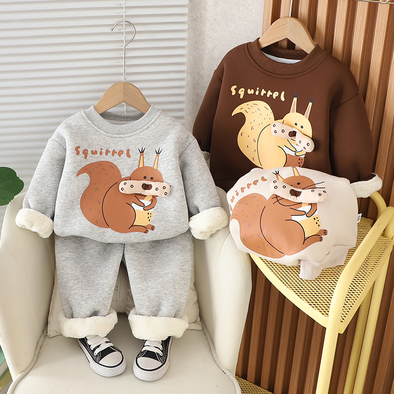 2025 Boys Cartoon Print Fleece-Lined Hoodie Set, Thickened Thermal Winter Outfit 2-Piece, Cozy Joggers for Toddlers