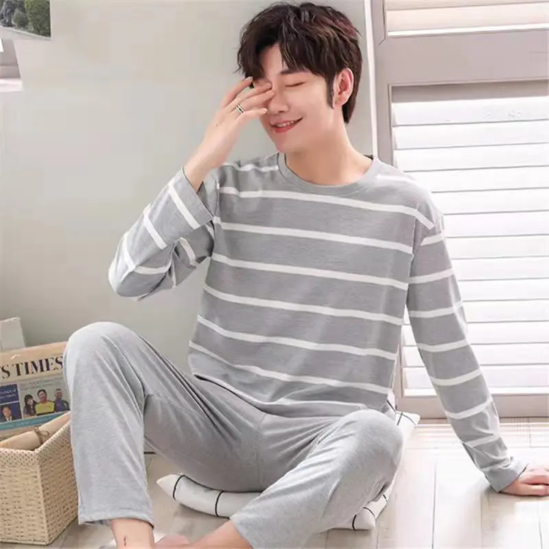 Spring and Autumn Mens Casual Sleepwear Long Sleeve Striped Autumn and Winter Lightweight Mens Teenage Homewear Set 251021