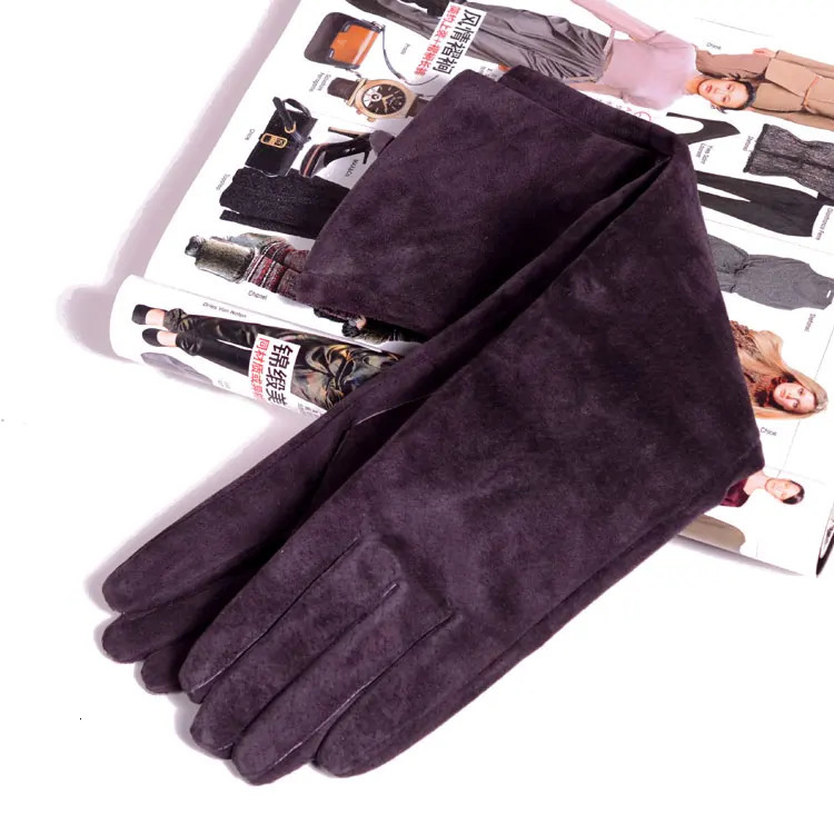 2025 FallWinter Fashion Women Pigskin Suede Genuine Leather Fold Long Glove Lady 304050cm BlackPinkRed Classic Luvas Mujer 251020