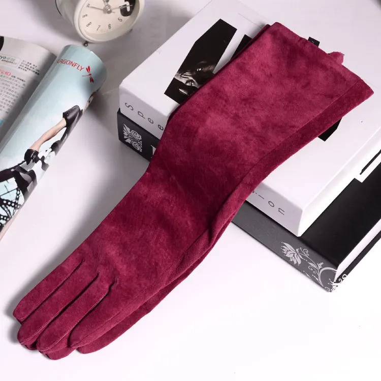 2025 FallWinter Fashion Women Pigskin Suede Genuine Leather Fold Long Glove Lady 304050cm BlackPinkRed Classic Luvas Mujer 251020