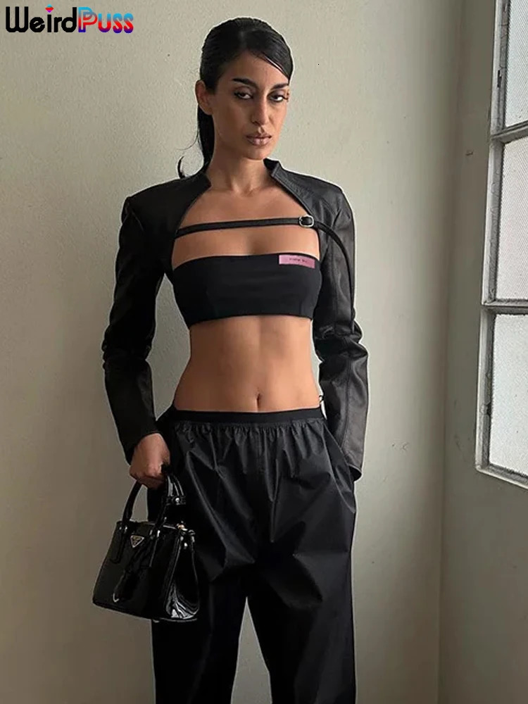 Weird Puss Extra Short Women JacketTube Tops Leather Stand Collar Chic Buckle Autumn Fashion Hipster High Street Y2K Crop 251021