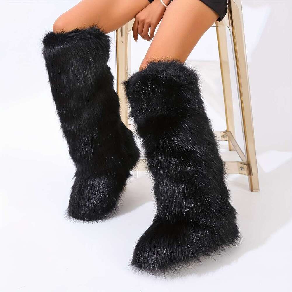Faux Fur Boots Round Toe, Pull-On Closure, Flat Heel, PVC Comfortable Flannel Lined Footwear With Superfine Fiber Upper And