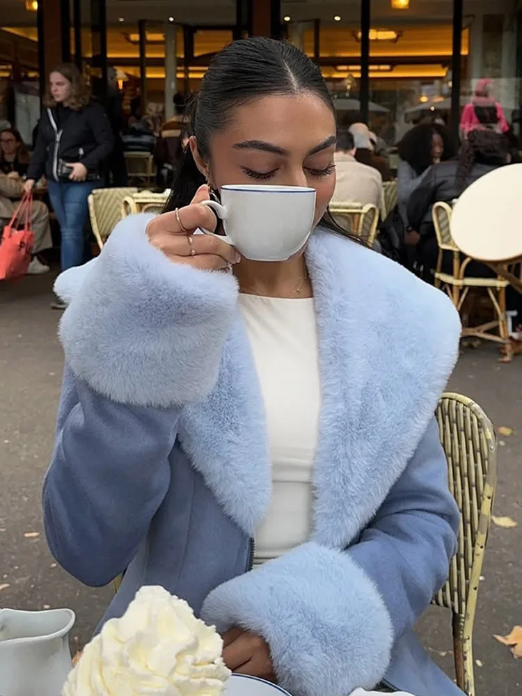 Women Chic Fur Patchwork Woolen Overcoat Elegant Vneck Waist Cinching Loose Outerwears Lady Winter Daily Commute Street Coat 251017