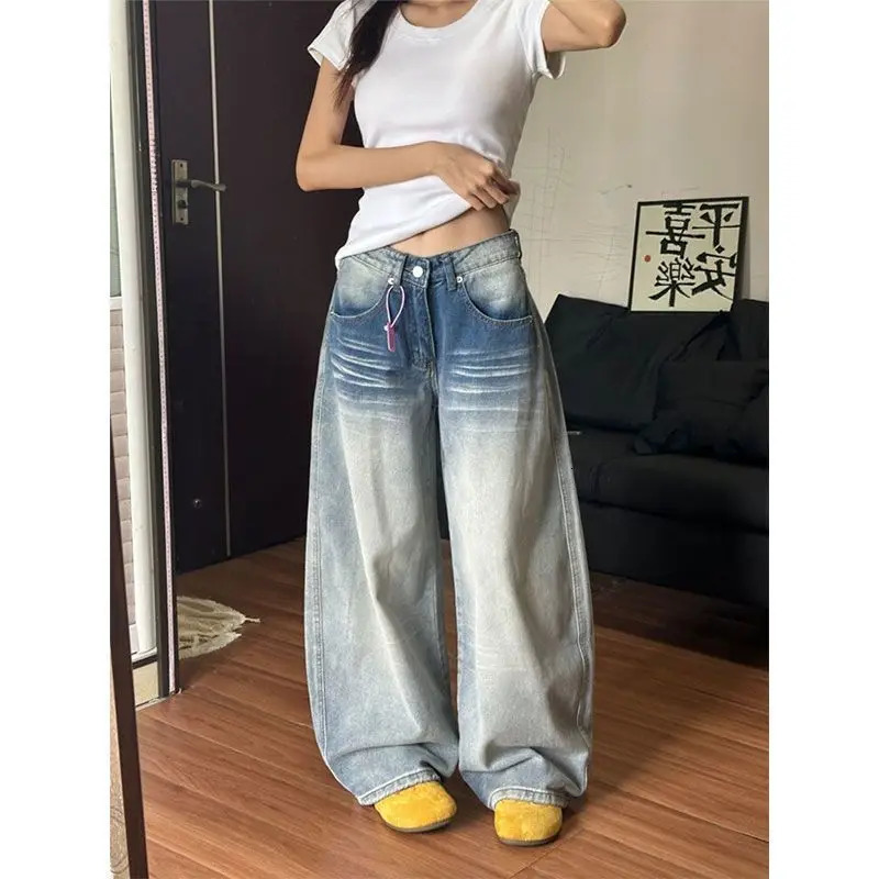 Vintage Embroidered Jeans Women American Retro Low Rise Wide Leg Pants Y2K Scimitar Pocket Denim Fall Loose Fit Strai 251020