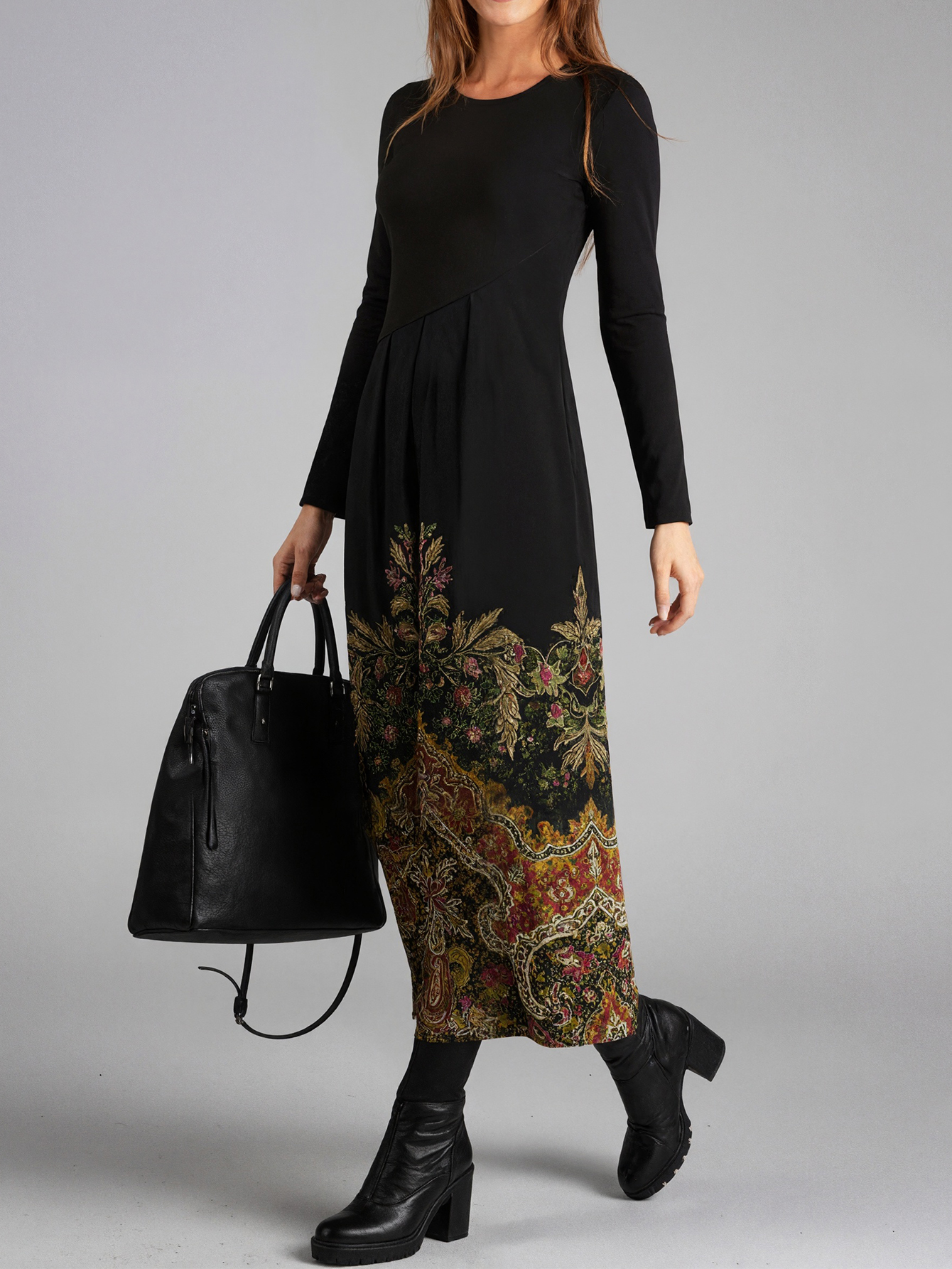 Women's Autumn & Winter Retro Floral Printed Long Sleeve Dress, Milk Silk Fashion Commute Versatile Elegant Straight Dress-CF56274