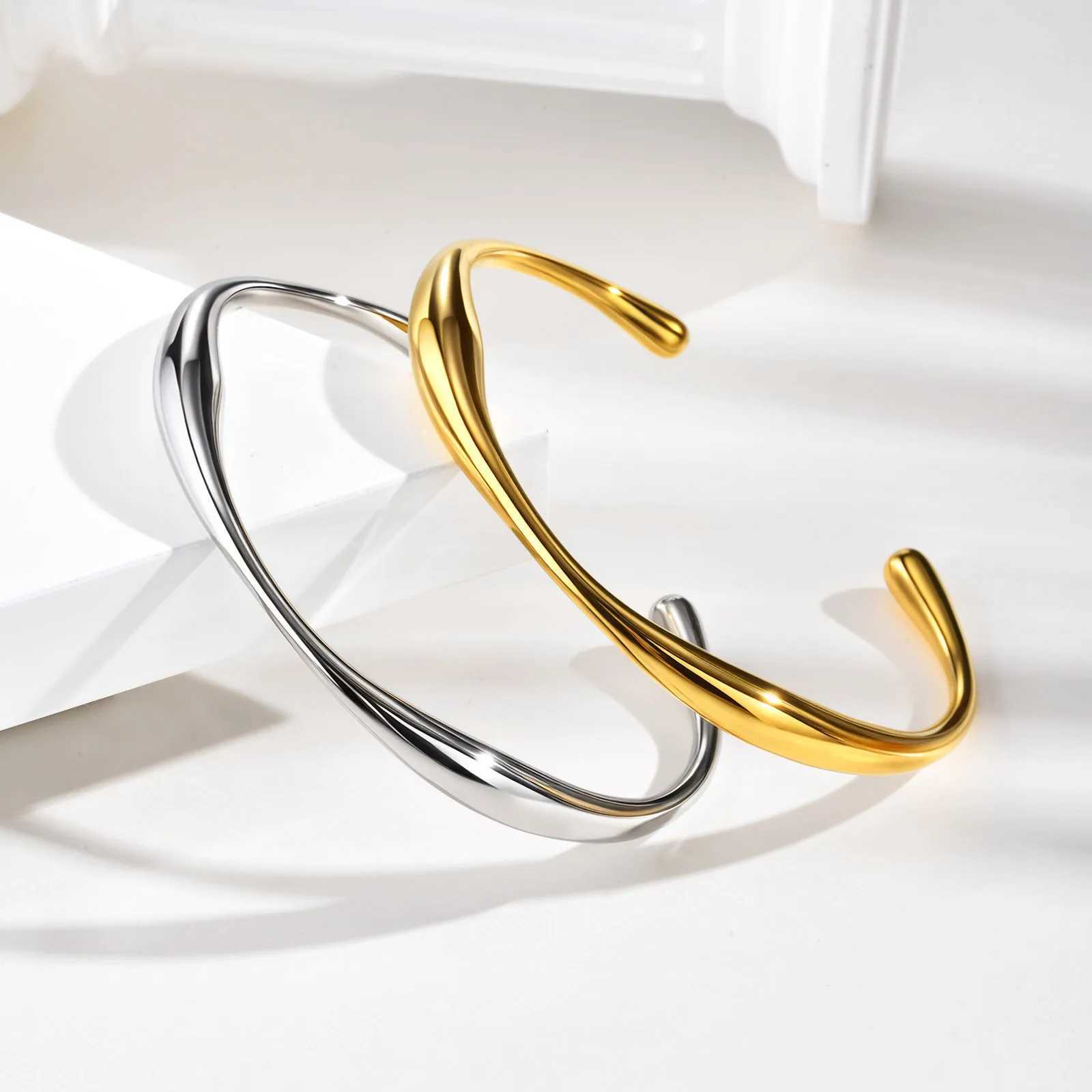 Vnox Stainless Steel Wrist Opening Bracelet Bangles For WomenSimple Irregular Smooth Girls Hand JewelryFashion Bangles Daily J251021