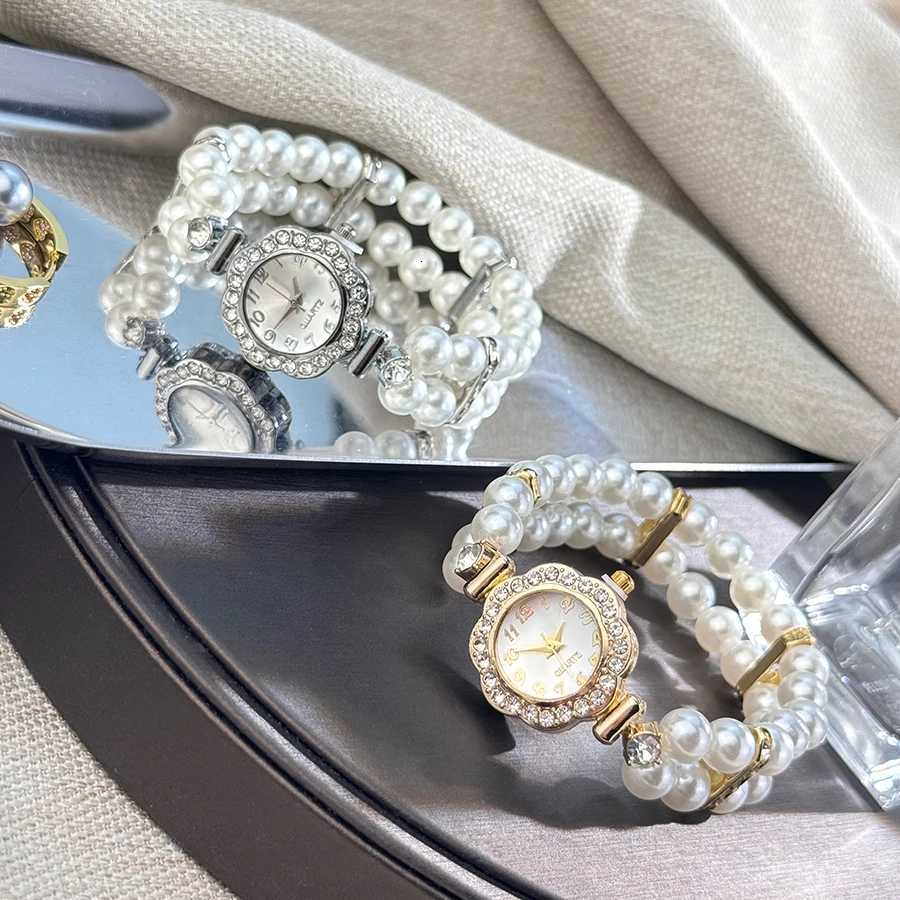 New ladies doublerow pearl diamondencrusted elastic str Arabic digital dial simple light luxury fashionable quartzXJ251021