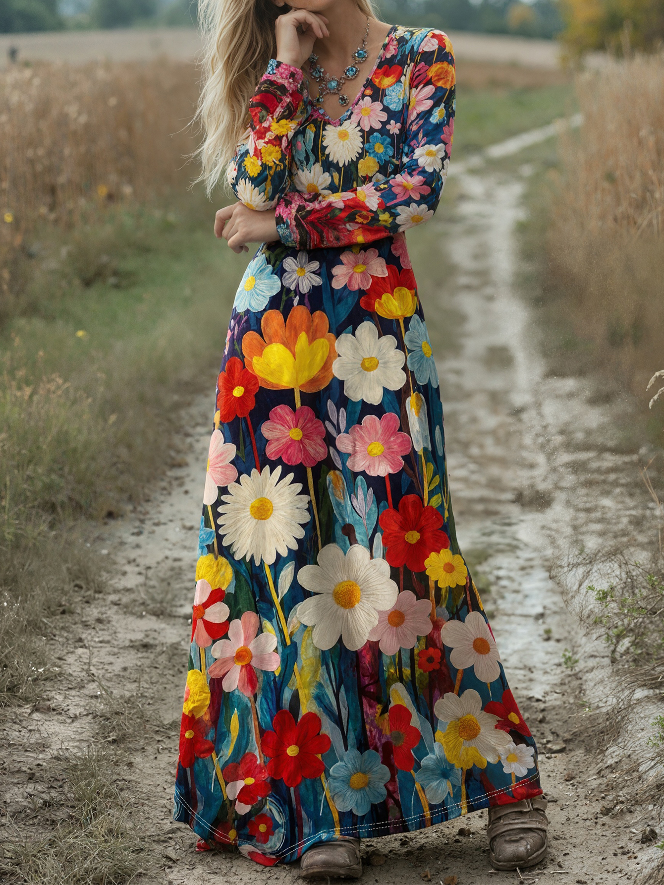 Women's Autumn New Floral Printed V-Neck Long Sleeve Maxi Dress, Milk Silk Casual Versatile Outdoor Travel Women's Dress (S-XXL, Floral)-CF5