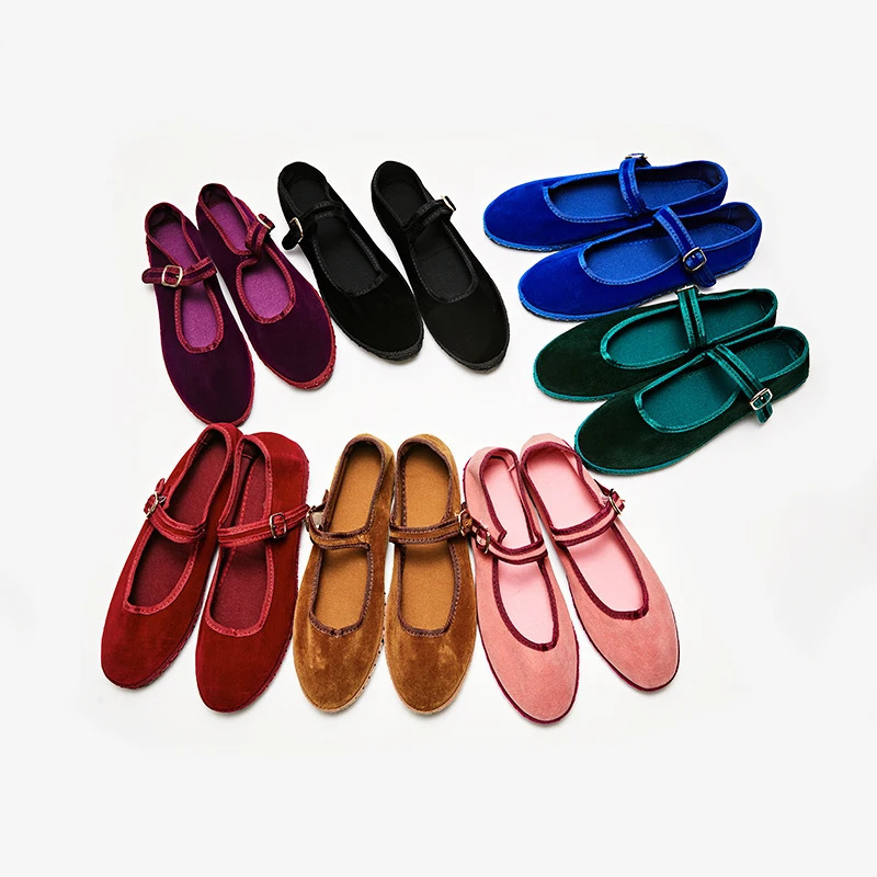 Gray Mary Jeans Flats Shoes Women Round Toe Hand Stitch Velvet Cloth Shoes Ladies Casual Soft Comfortable Ballet Shoes Loafers 251021