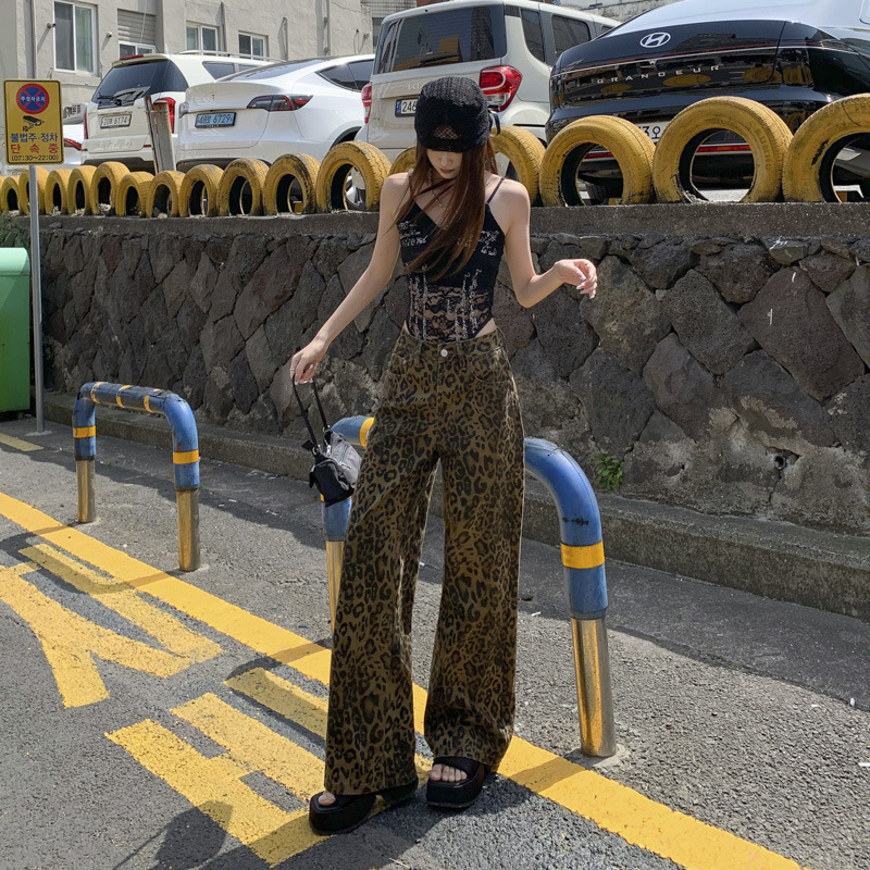 2025 luxury pants designer pants American retro leopard print wide leg jeans autumn and winter new casual loose men's and women's leopard pr