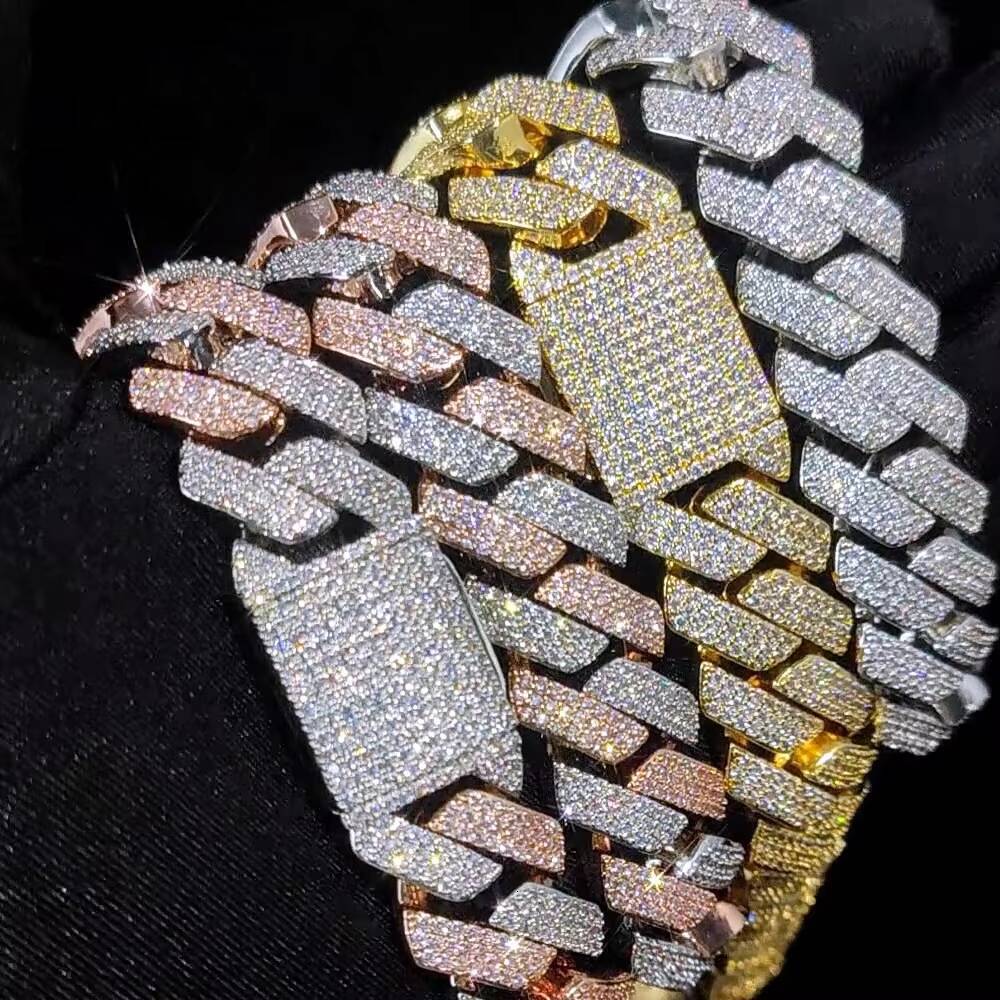 20mm Pink Silver Gold Plated Cuban Link Brass Chain Hip Hop Iced Out Diamond Bracelet Necklace Fine Jewelry for Men and Women